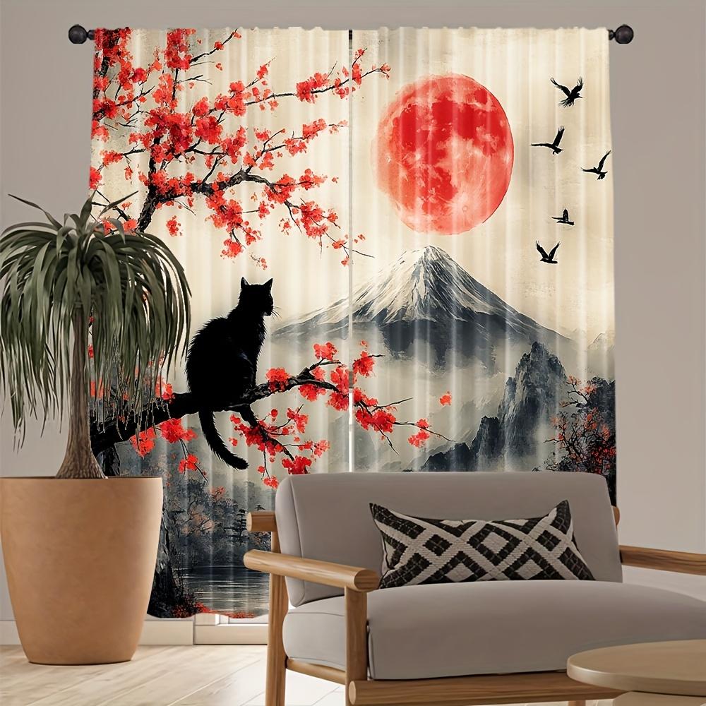 2pcs Elegant Japanese Sakura Sheer Curtains – Black Cat & Mount Fuji Design for Bedroom & Living Room Decor