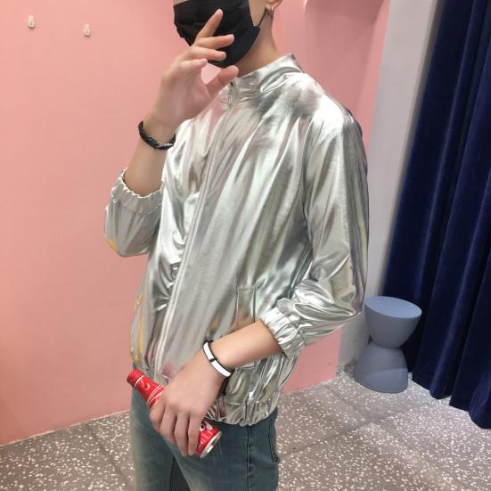 Men Coat Stand Collar Long Sleeve Zipper Closure Jacket
