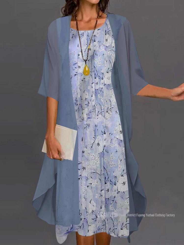 Top-Selling European & American Fashion: Spring & Autumn Casual Printed Chiffon Dress Two-Piece Set