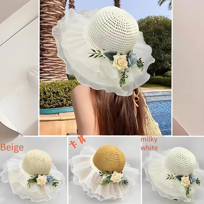 Summer Lace Bow Straw Hat With Brim French Style Beach Sun Hat For Women Elegant Casual Hat For Outdoor Activities