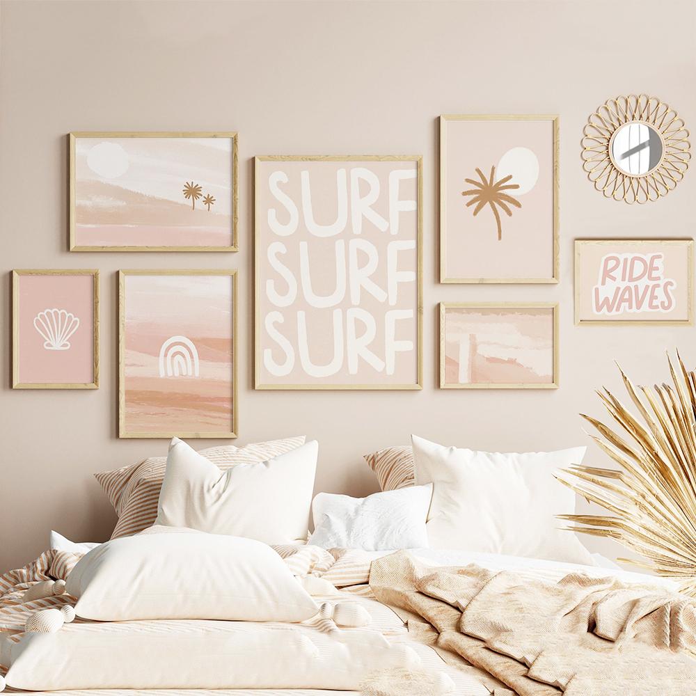 Modern Landskapsposter Surf Rida Vågor Rosa Snäcka Canvasmålning Palmträd Väggkonst Bilder Minimalistisk Boho för Heminredning