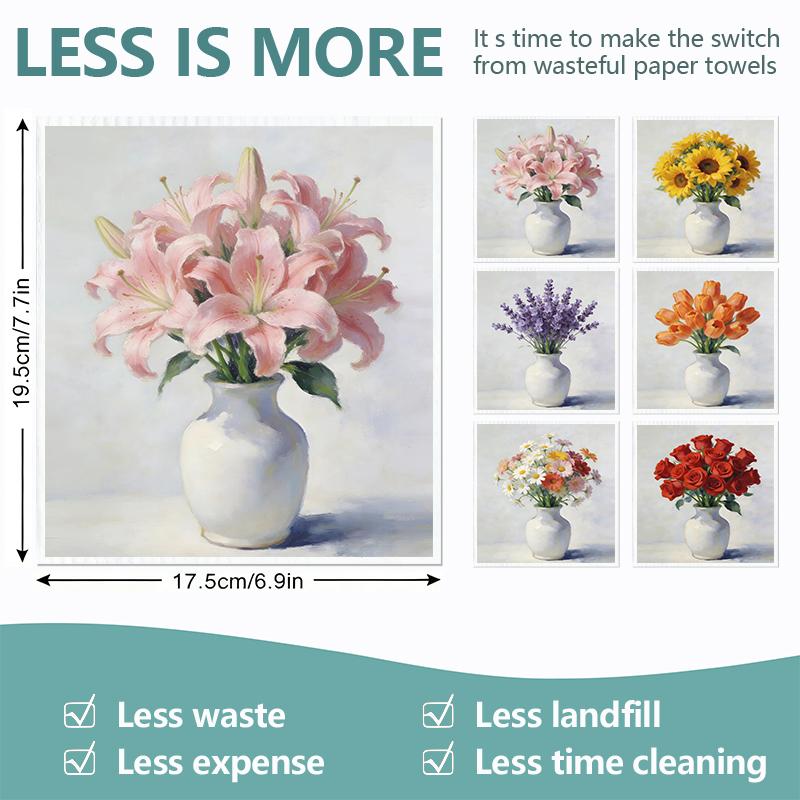 6PCS Cleaning Dishcloths Reusable Kitchen Dish Towels Absorbent Arrange Flower Pattern Dishcloth Lint Free Cloth Washable Duster Rags Tea Towels