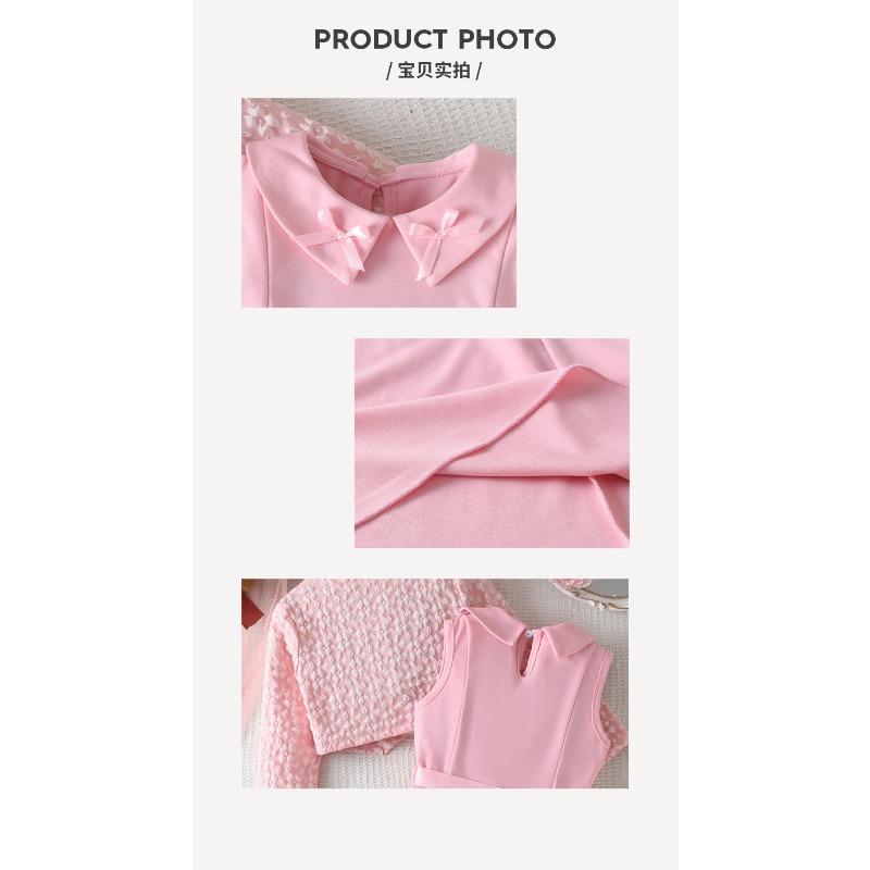 Girls Kids Pink Tweed Style Two Piece Set Coat Vest Long Dress With Bow Belt