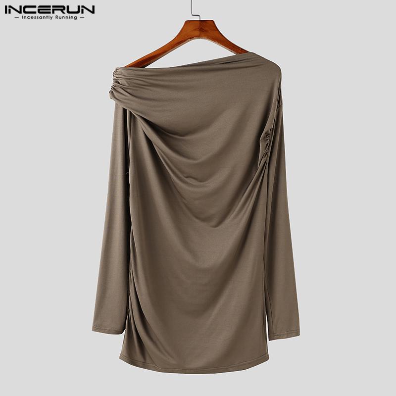 INCERUN Men Off Shoulder Long Sleeve Ruffled Irregular Long Fitted Tops