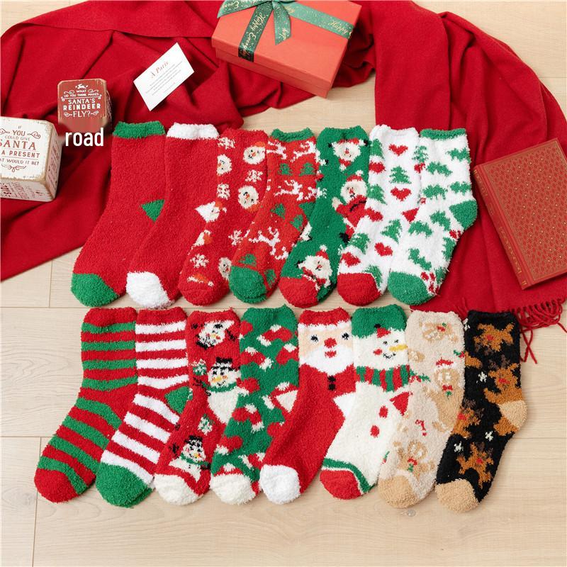 Cozy Coral Fleece Christmas Socks: Velvet Santa Half-Sided, Warm Floor Stockings for Autumn & Winter
