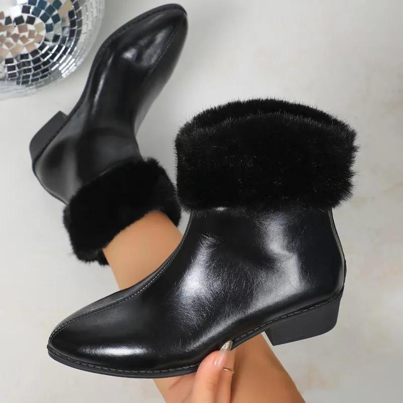 Shoes for Women New Patent Leather Bright Square Chunky Heels Women's Ankle Snow Boots with Faux Fur Platform Warm Simple Shoes