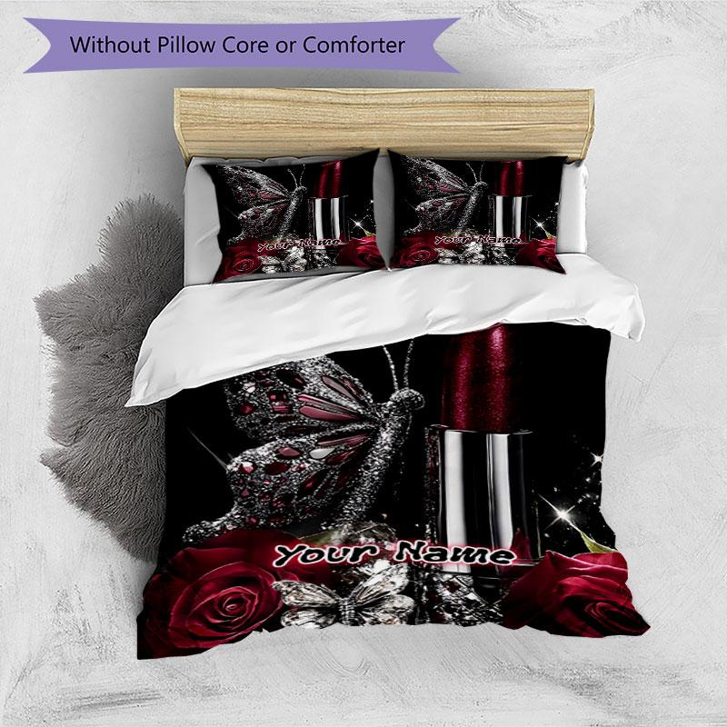 3PC Custom Name Glamorous Butterfly Roses Bedding Set Printed Bedding Set Duvet Cover Closure Includes 1 Duvet Cover & 2 Pillowcases for All Seasons B