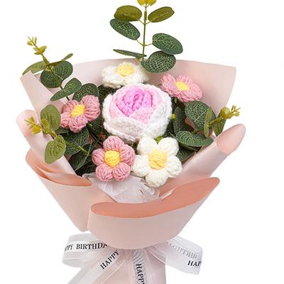 Completed Crochet Flower Bouquet Knitted Yarn Artificial Floral Wreath Gift for Mother Anniversary Thanksgiving Day