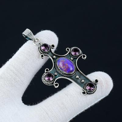 Turquoise Cuivre Violet, Améthyste Rose Pierre Précieuse Fait Main Argent Sterling 925, Collier Turquoise Cuivre Violet Bijou Pierre Précieuse Cadeau pour Elle