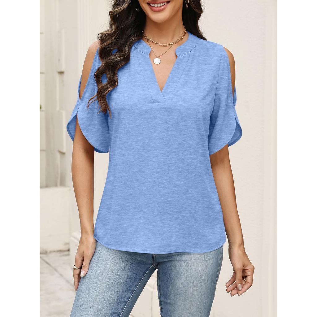 Womens Cold Shoulder V Neck T Shirt Short Sleeve Casual Loose Fit Top Summer Lightweight Blouse
