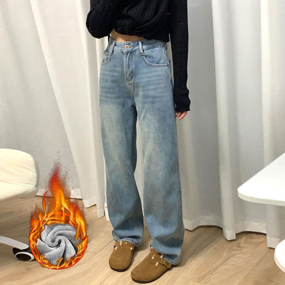 

Women s Plush Warm High-Waist Wide-Leg Jeans - American Style, Autumn/Winter Edition S