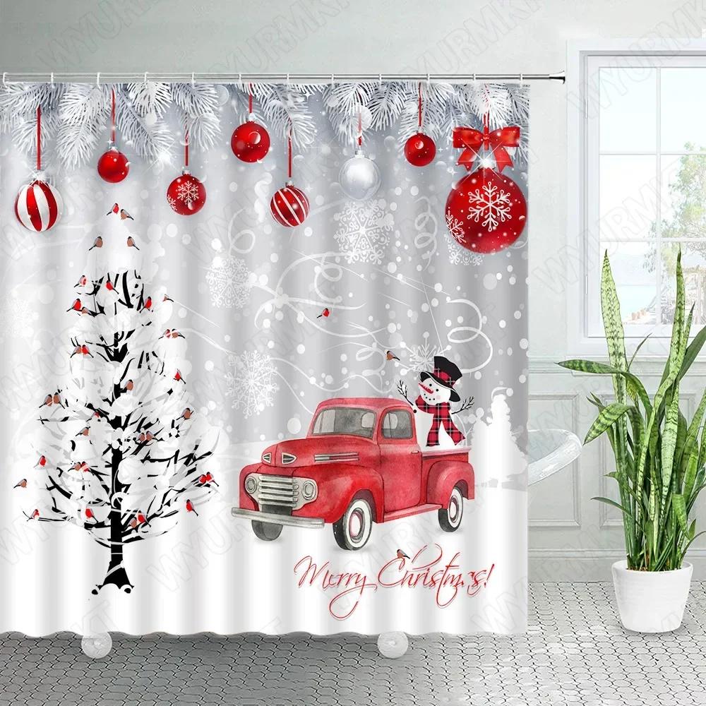 Christmas Shower Curtains Cute Snowman Birds Pine Trees Winter Forest Landscape Xmas Bathroom Decor Fabric Bath Curtain Sets
