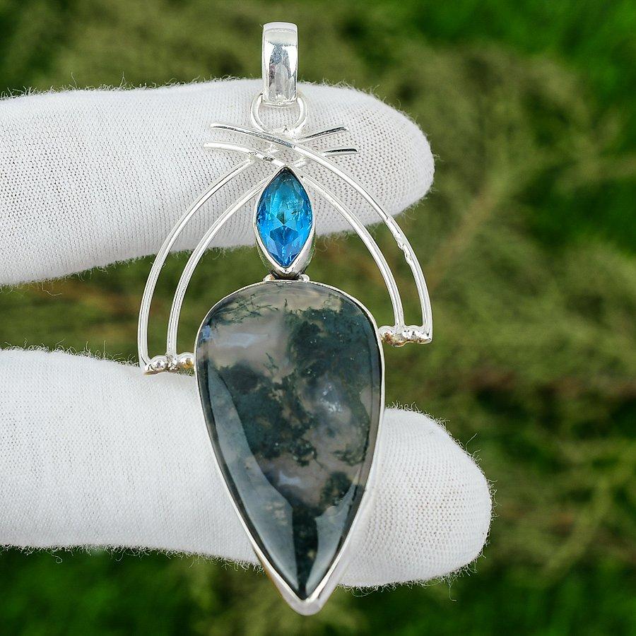 

Подвеска из стерлингового серебра 925 пробы с натуральным солнечным моховым агатом и швейцарским голубым топазом