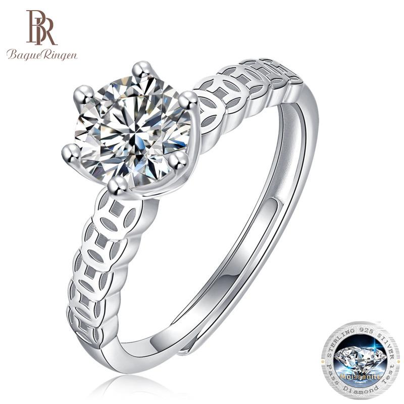 Bague Ringen S925 1ct Mossan Stone Women's Rolling Ring Can Open Adjustable Silver Jewelry