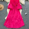 Retro V-Ne Belted Waist Lantern Sve Dr Knee-Length A-Line Midi Dresses Korean Sle Summer Long Dress for Women
