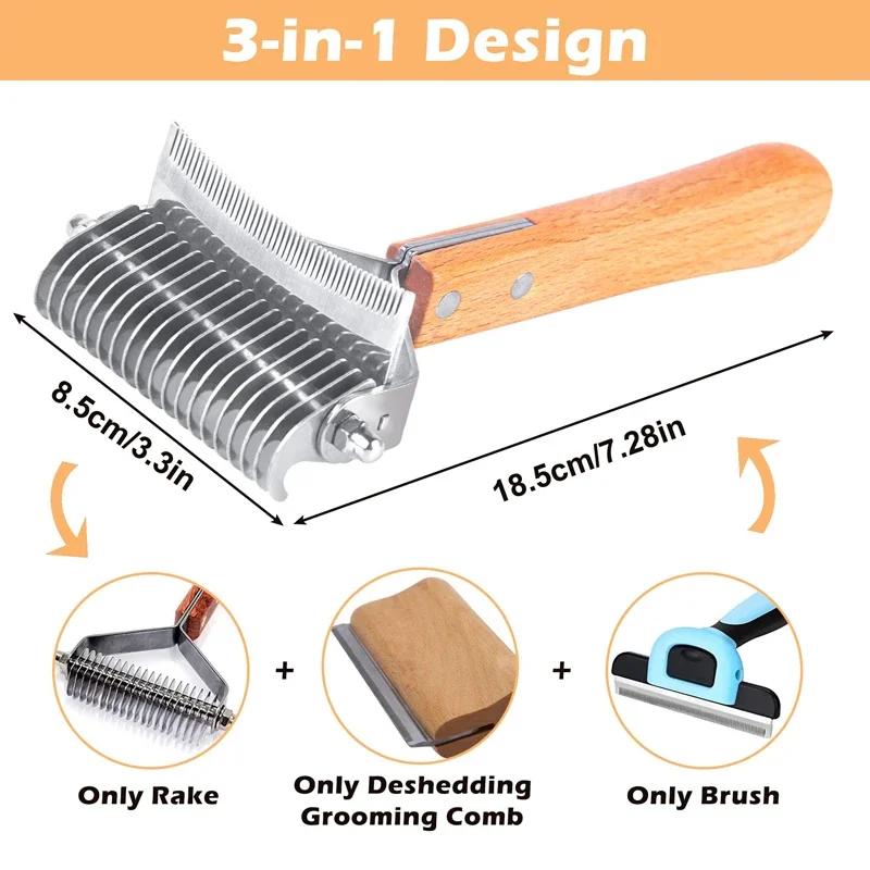 3-in-1 Deshedding Dog Rake BrushComfortable Handle Dematting Comb Removes Hair Tangle Rounded-end Blade