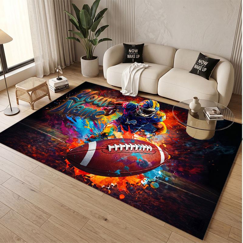 American Football Theme Soft Crystal Velvet Rug Custom Name & Text Print Non Slip Floor Rug for Bedroom Living Room