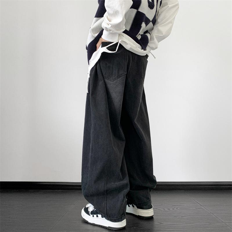 גברים Streetwear Baggy Wide Leg Jeans מכנסיים במצוקה מכנסיים ג'ינס גברים אוברסייז חלול קז'ואל קוריאני היפ הופ
