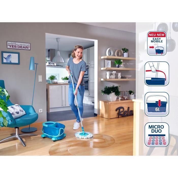 Set Balais Serpillère Avec Seau Essoreur À Roulettes Leifheit Clean Twist Disc Mop 52102, Serpillière À Franges, Seau Mobile 6 L