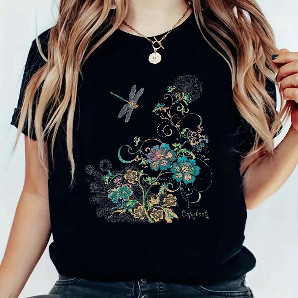Cute Mushroom Print Pattern, Women's Top Short Sleeve, Women's New Black Print Fashion T-shirt