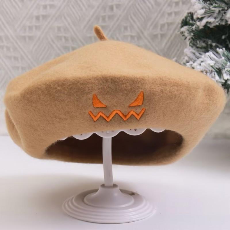 Halloween Pumpkin Embroidered Beret Kids Adults Cute Wool Felt Artist Hat Party Accessory