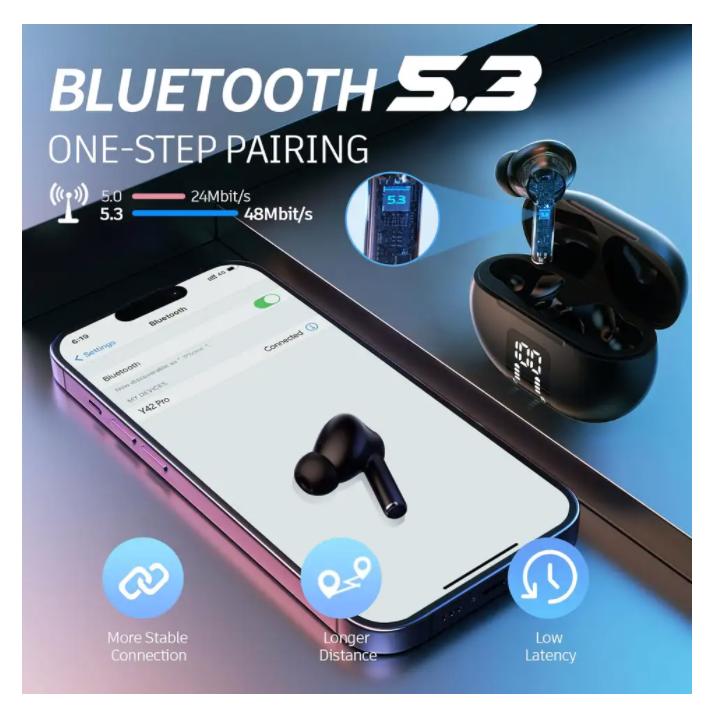 Wireless Earphone Bluetooth 5.3 Headphone 60H Playback LED Power Display Ear Buds Mic Noise Cancellation Stereo Sound Earphones