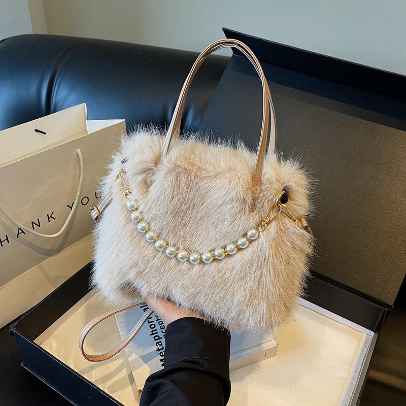 Yogodlns Winter Fashion Faux Fur Crossbody Bags for Women's Gift, Pearl Chain Decor Shoulder Bag, Ladies Handbags Top-handel Bag