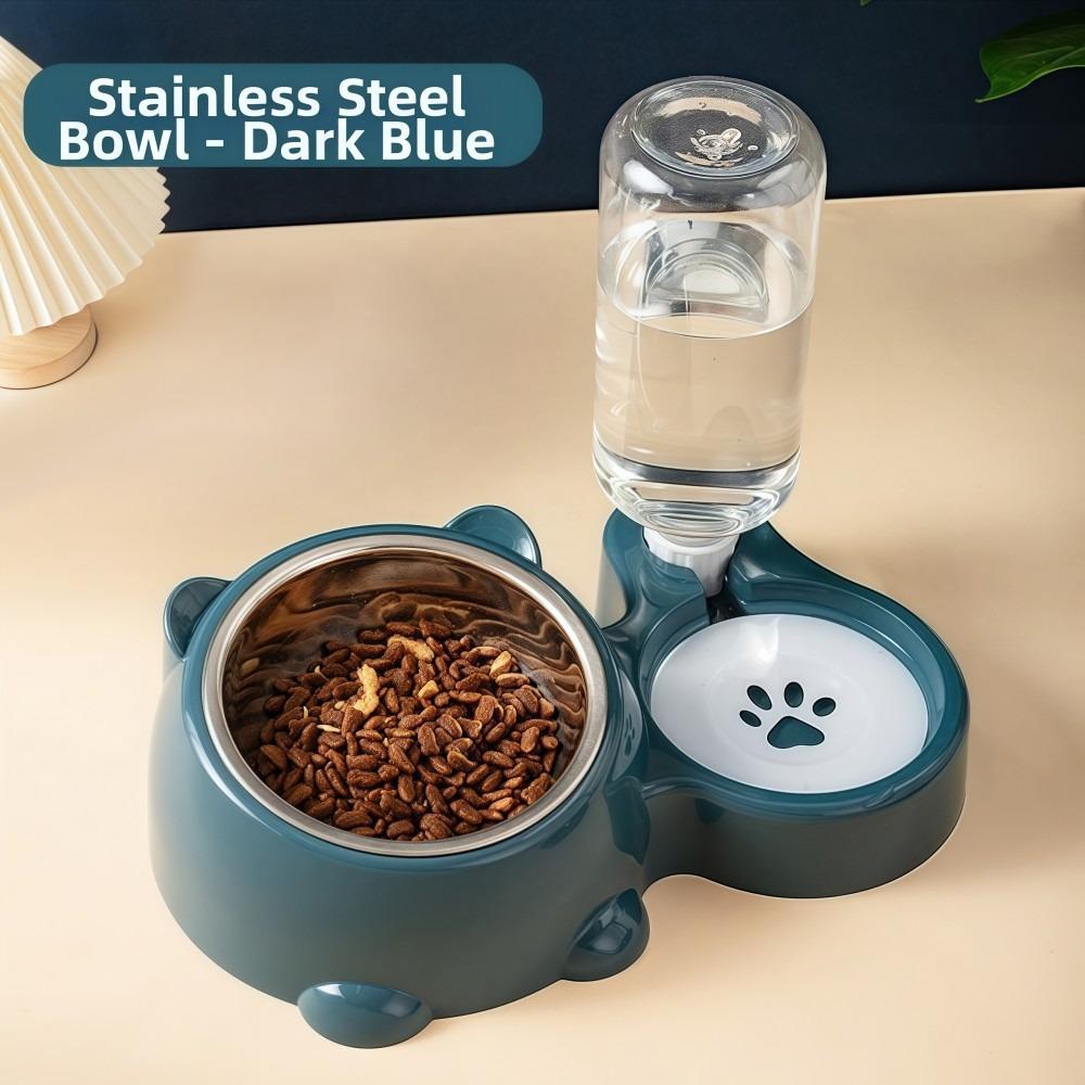 Automatic Pet Feeder Water Dispenser Slanted Opening No Power Required Cat Dog Feeders Stainless Steel 2-IN-1 Pet Bowl