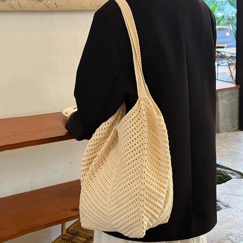 Yogodlns Solid Color Crochet Tote Handbag Summer Beach Scarf Decor Fashion Women's Mesh Woven Shoulder Bags Large Capacity Knitting Underarm Bag