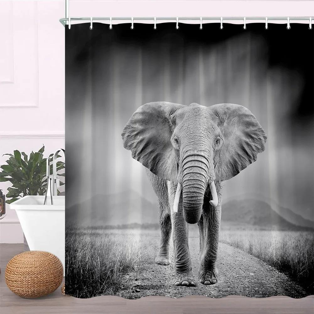 Art Elephant Shower Curtain Africa Wild Animal Black Fantasy Background Fabric Bathroom Decor Bathroom Accessories with Hooks