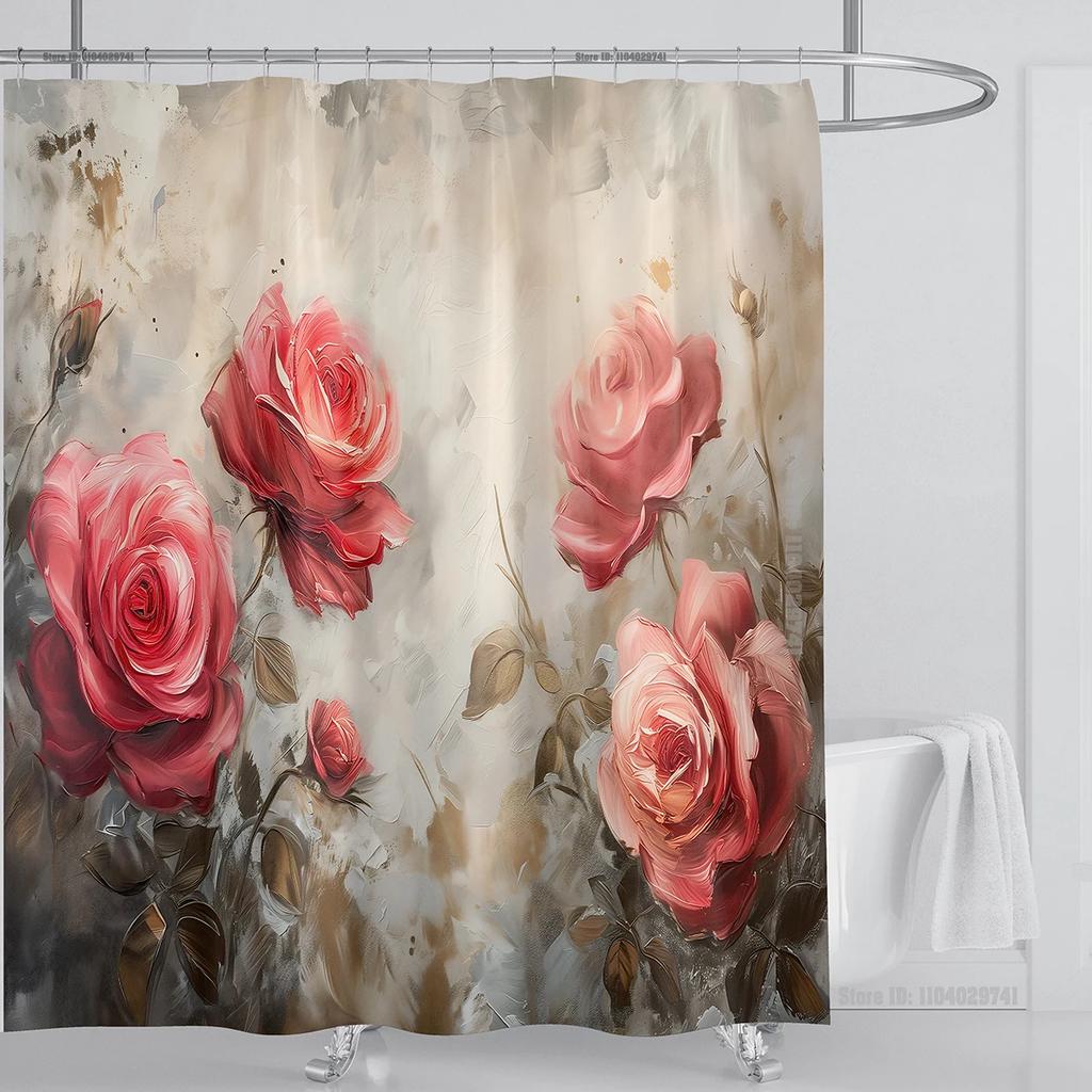 Rose Flower Shower Curtain Waterproof Shower Curtain Polyester Fabric 3D Printed Curtain Bathroom Decoration With Hook
