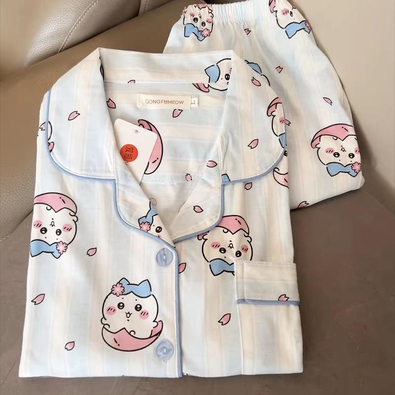 

Japanese blue striped cherry blossom small eight pajamas women can wear short-sleeved shorts in summer two-piece sweet loungewear S