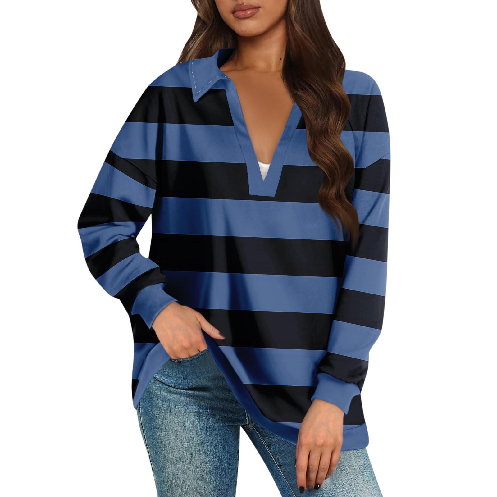 

Женские свободные толстовки осенние топы с длинным рукавом V-образным вырезом повседневный пуловер с принтом топ милая повседневная одежда L синий