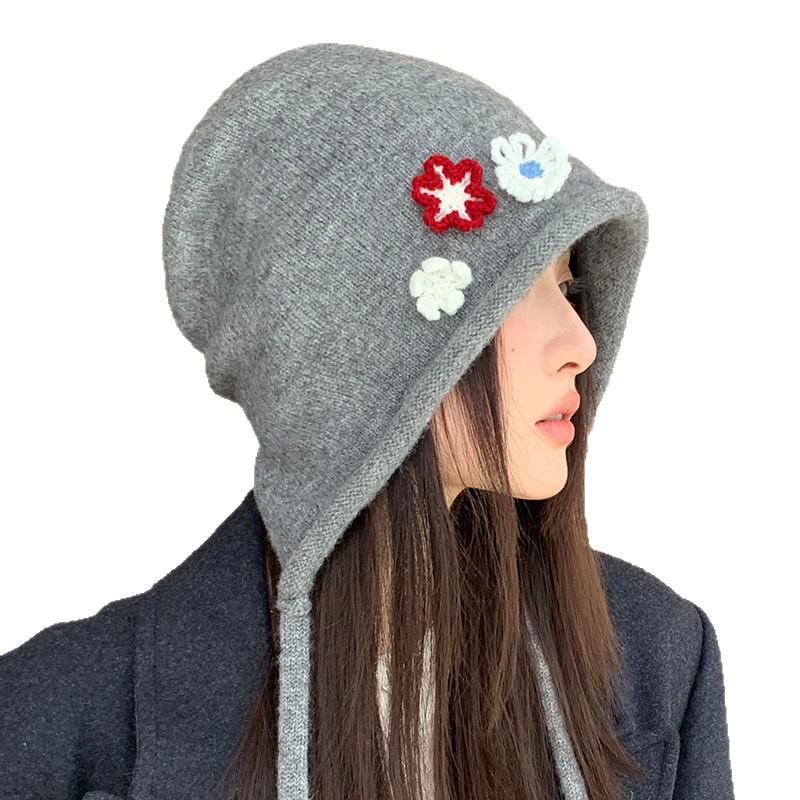 Japanese Style Ear Protection Tie Hat - Women's Windproof, Warm Slouchy Beanie with Floral Wrap for Autumn and Winter