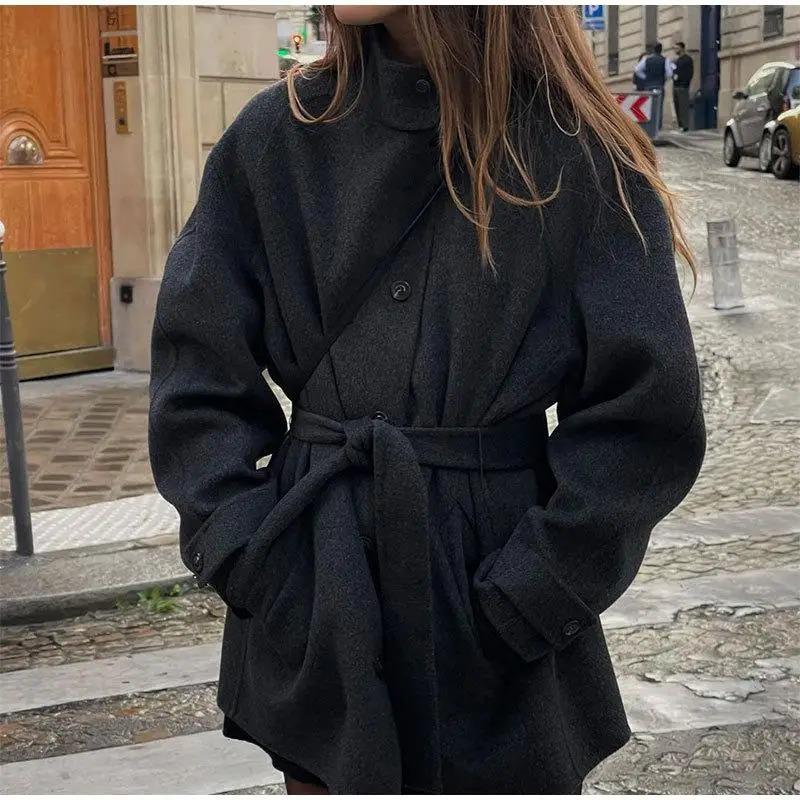 Cappotto Invernale Caldo da Donna Vintage con Lacci in Lana Moda Monopetto Tinta Unita Soprabito Retro Giacche con Collo Alto
