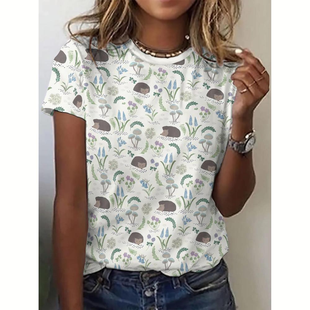 Maglietta estiva da donna con stampa di riccio animale, casual, girocollo, manica corta, pullover, per tutti i giorni, all'aperto, abbigliamento oversize da donna
