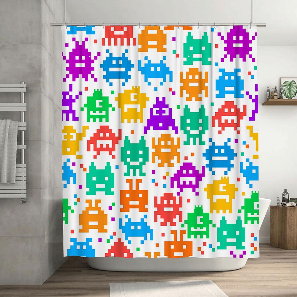 Pixelated Space Invaders Shower Curtain Set Multi-Color Retro Video Game Decor For Bathroom