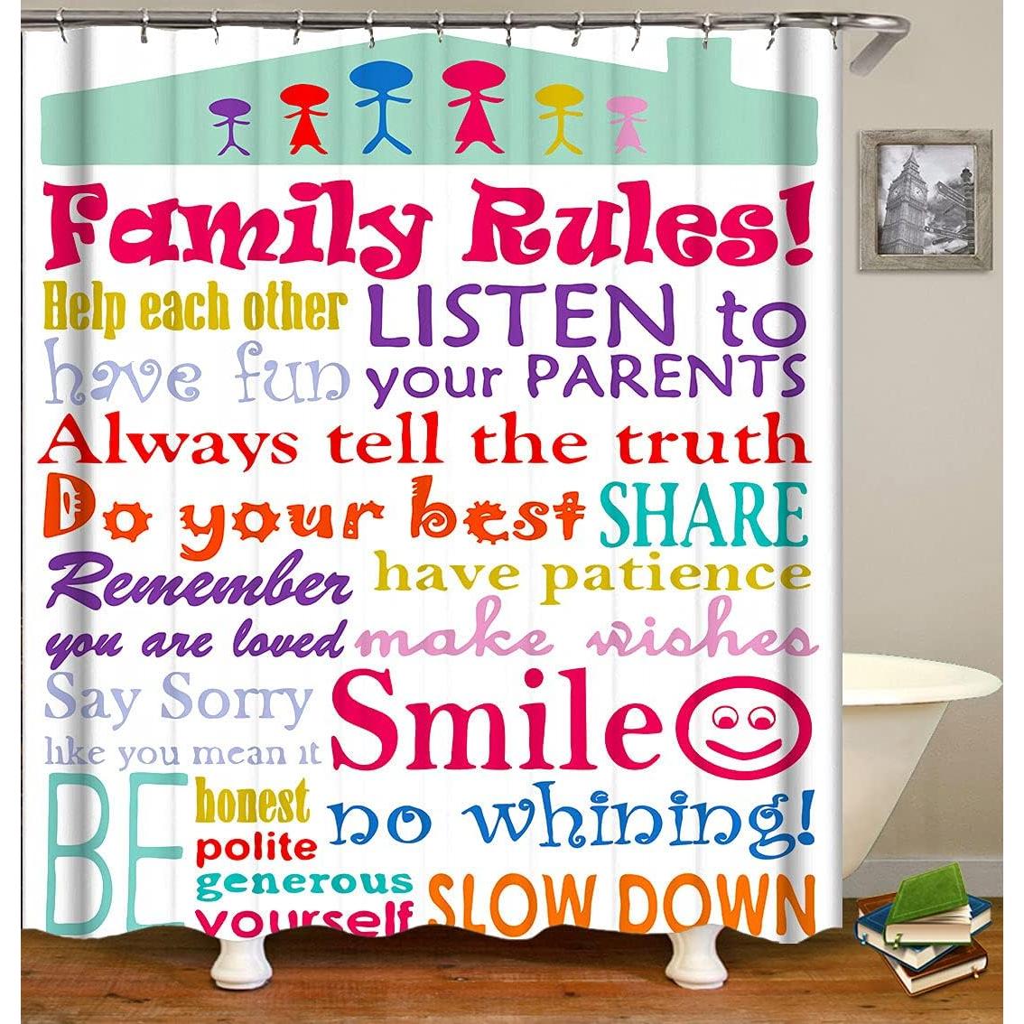 

Family Rules Shower Curtain Child Educational Word Cloud 72x72 Inch Polyester Fabric with Hooks for Boys Kids Bathroom Decor 90x180cm