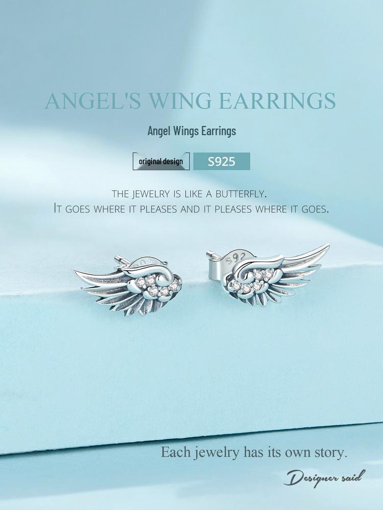 Silver Ziyun Original S925 Angel Wing Earrings with Inlaid Zircon - Unisex Retro Design.