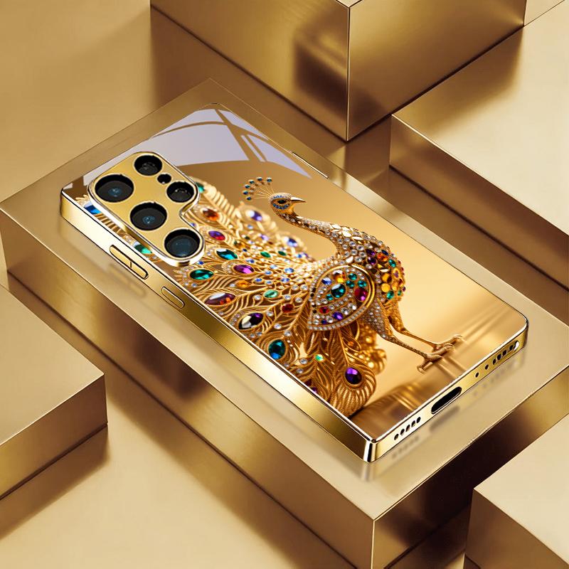 Jeweled Peacock Golden Phone Case For Samsung A50 A51 A52 A53 A54 A55 A56 A57 A71 A72 A73 A31 A32 A34 A36 A37 A30s Glass Cover
