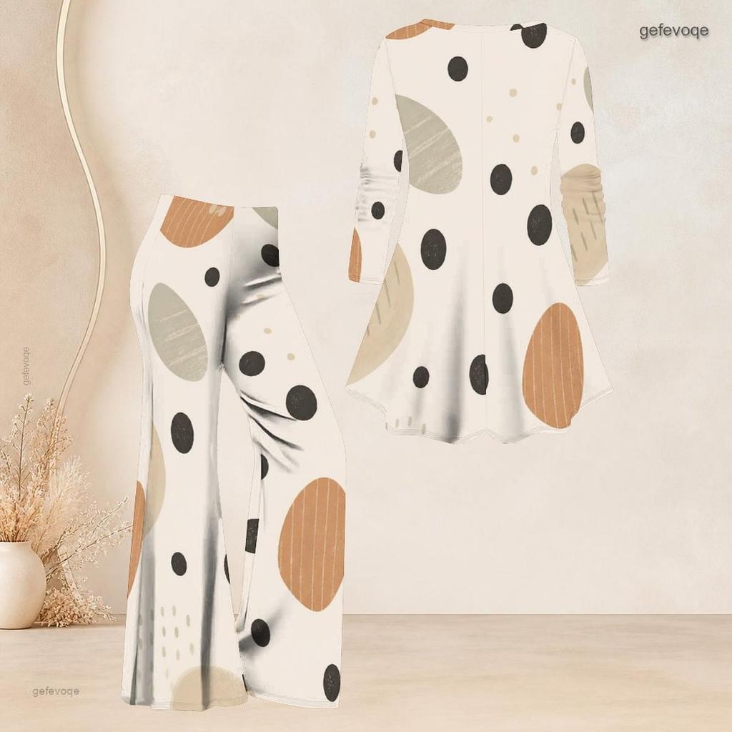 Women Plus Size V Neck Three Quarter Sleeve Printed Flared Top And Flared Pants Two Piece Set