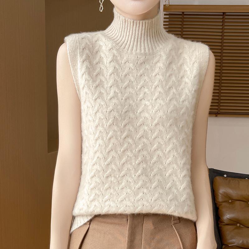 Women's 100% Wool High Neck Cable Knit Sleeveless Vest - Warm Autumn/Winter Shawl
