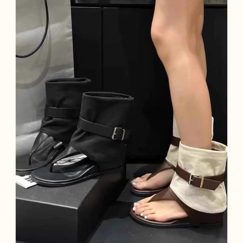 Sheepskin Version~ Retro European Station Toe Roman Cool Boots Women's Inner Height Increase Leather Pinch Sandals Women's Summer Versatile