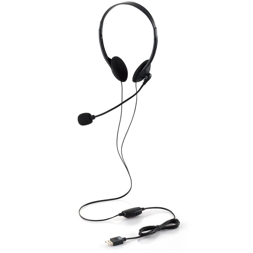 ELECOM HS-HP01SUBK Over-the-Head Headset with Microphone, USB, Mute Function, Volume Control, Flexible Arm, Lightweight, Compact, Binaural, 1.8m,