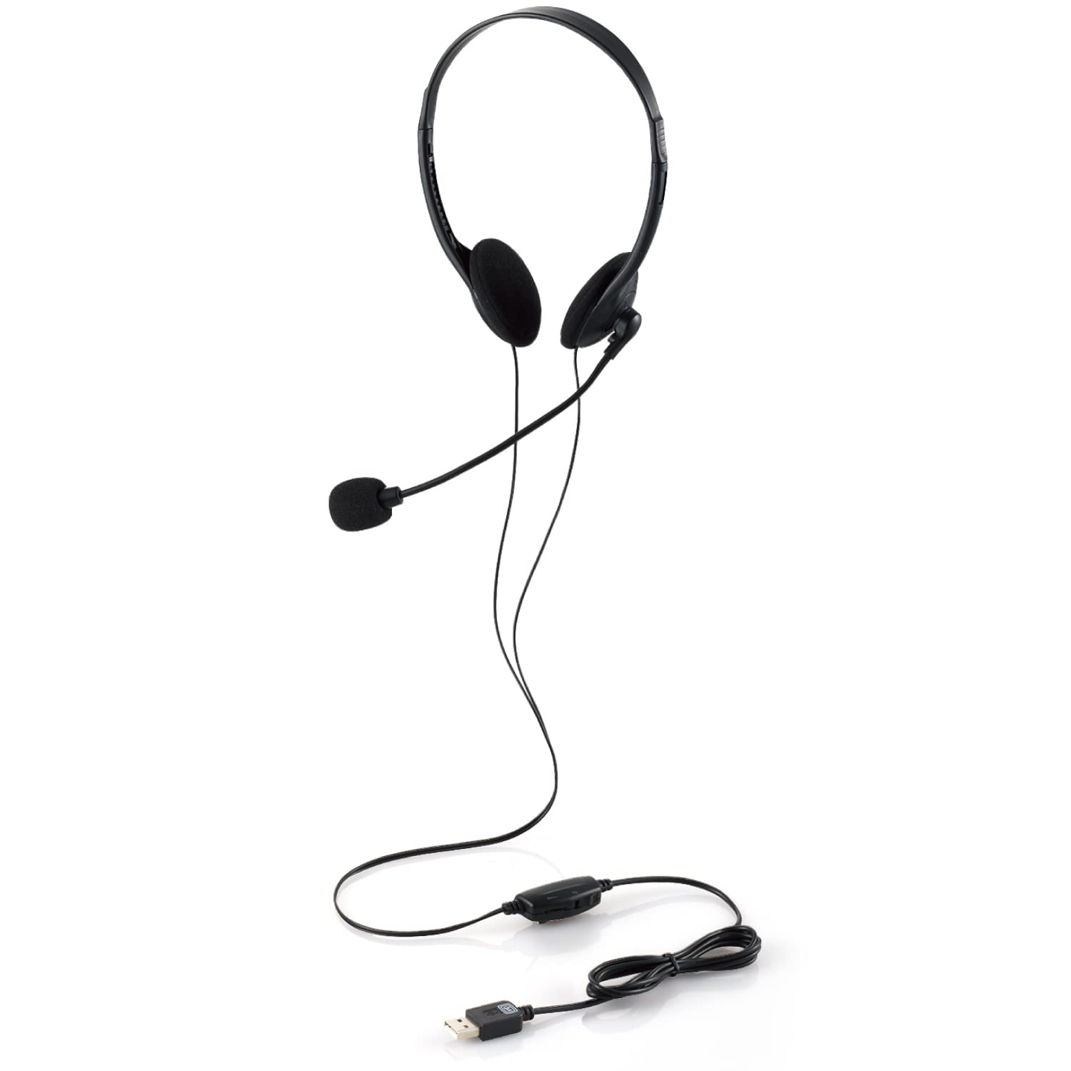 

ELECOM HS-HP01SUBK Over-the-Head Headset with Microphone, USB, Mute Function, Volume Control, Flexible Arm, Lightweight, Compact, Binaural, 1.8m,