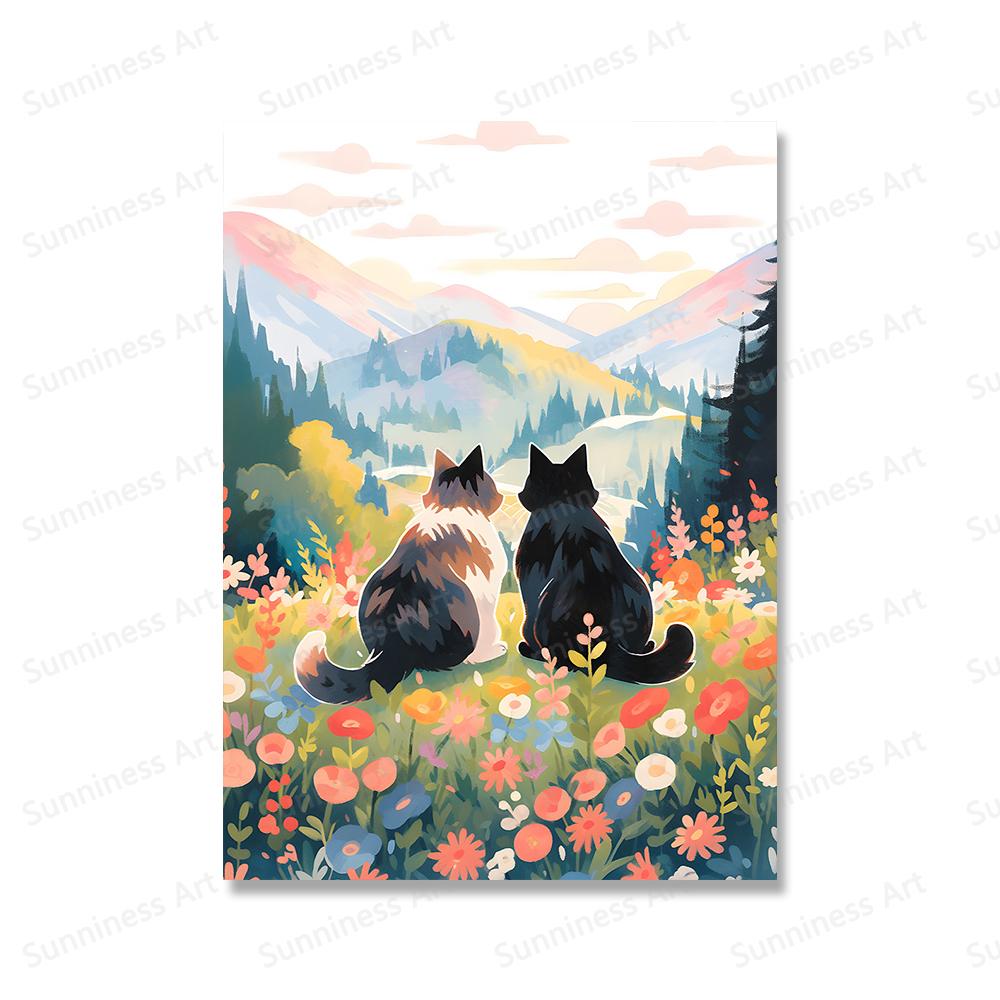 Valentinstag Geschenk Romantische Schöne Katze Paar Sonnenuntergang Strand Poster Leinwand Malerei Wand Kunst Druck Mama Geschenk für Zimmer Home Decor