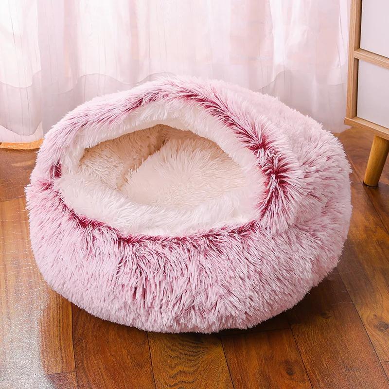 Cat Bed Round Plush Fluffy Hooded Cozy Cat Bed Cave for Indoor Donut Self Warming Small Dog Bed Anti-anxiety Puppy Kennel