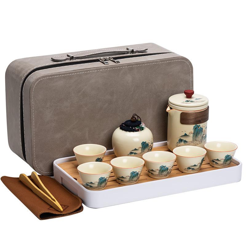Ru kiln outdoor travel kung fu tea set gift box set high-end Guochao merchandise teacup business gift