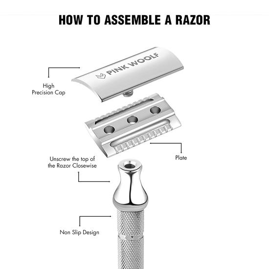 Pink Woolf Herren Rasierhobel mit Doppelklinge OFFENER KAMM OC70, Diamantgerändelter Griff für Nassrasur und eine wirklich gründliche Rasur, 1er-Pack (SCHWARZ)