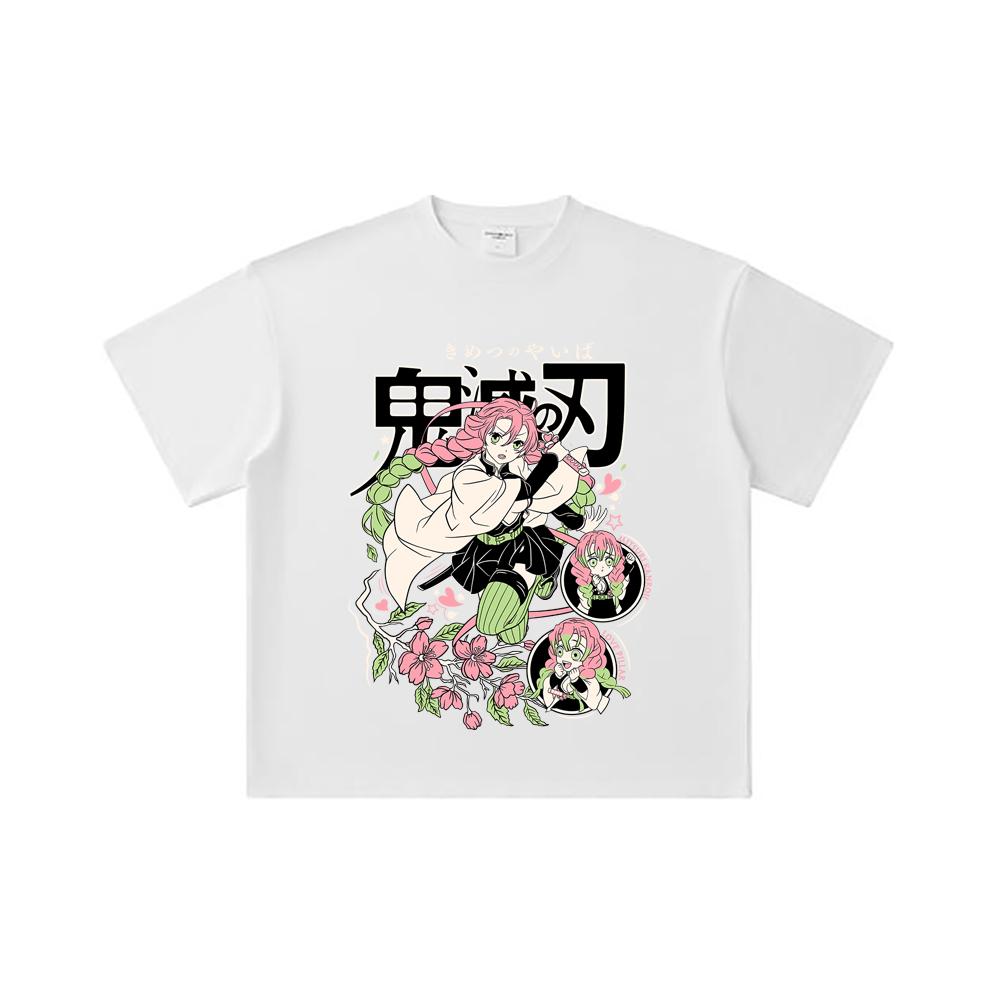 260 GSM Doppeltgarn 32er Zählung 100% Baumwolle Demon Slayer V6 Mitsuri Print Unisex Schweres Baumwoll-T-Shirt